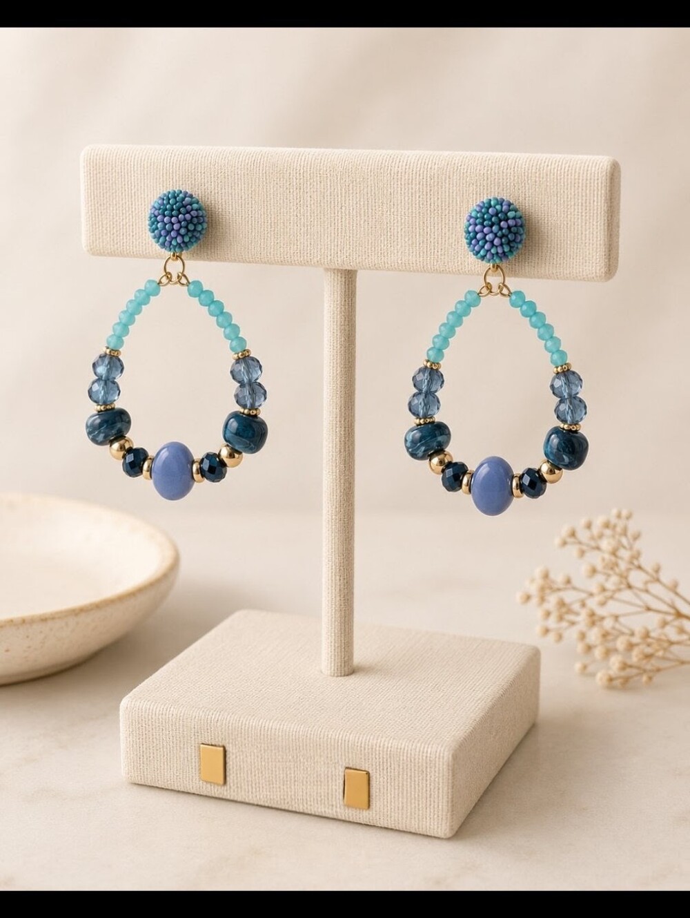 Beaded Teardrop Hoop Earrings in Turquoise and Blue